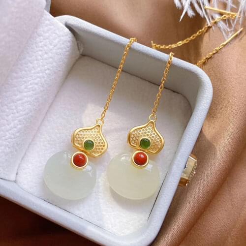 Jade Gourd Earrings Womens Sterling Silver Hetian Jade Earrings Elegant Long Complex Classical Ancientry Earrings Chinese Style