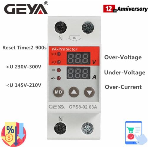 GEYA GPS8 Din Rail Dual Display Adjustable Over Voltage Current Under Voltage Protective Device Protector Relay 63A 220V 230V