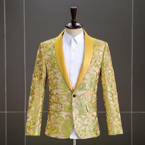 Men Shawl Lapel Gold Purple Red Embroidery Sequins Blazer Evening Party Formal Tuxedo Singer Host Performance Show Stage Costume