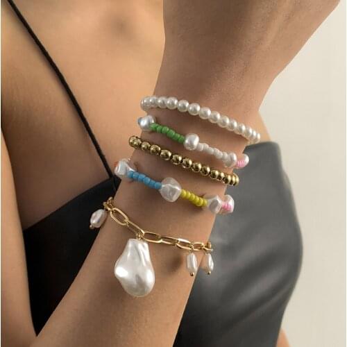 European and American Contrasting Color Special-shaped Imitation Pearl Bracelet Ethnic Style Color Rice Bead CCB Set Bracelet