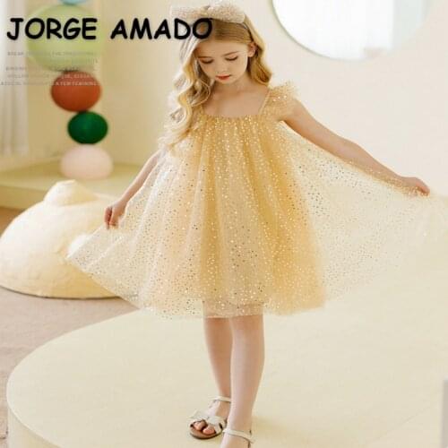 2021 Hot Sale New Summer Kids Girl Party Dress Yellow Fly Sleeves Starry Sky Princess Dress Wedding Piano Perform Birthday E0406