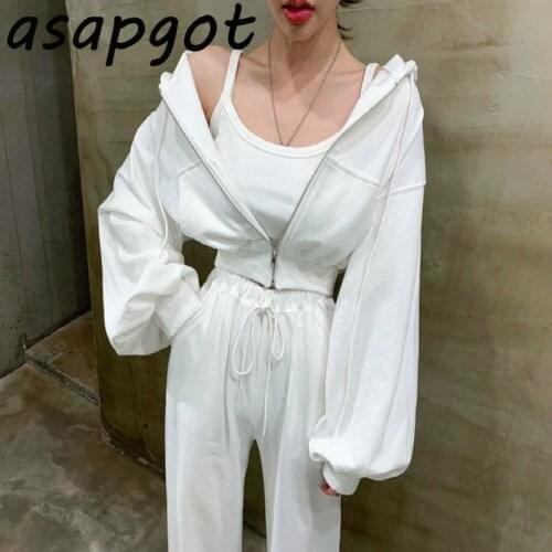 Asapgot Fall Korea Chic Retro Hooded Lantern Sleeve Zipper Hoodies Coat Camisole Elastic High Waist Straight Pants Casual 3sets