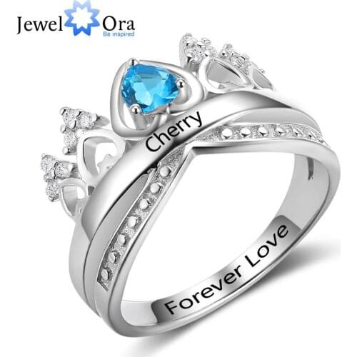 Heart Crown Birthstone Ring 925 Sterling Silver Wedding Rings Engrave Name Anniversary Personalise Gift (JewelOra RI102880)