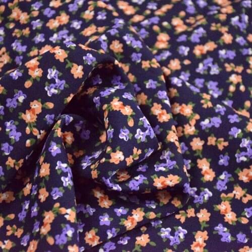 Korean Silk Chiffon Fabric Fresh And Elegant Navy Blue Bottom Purple Small Floral Dress Shirt Handmade DIY Fabric