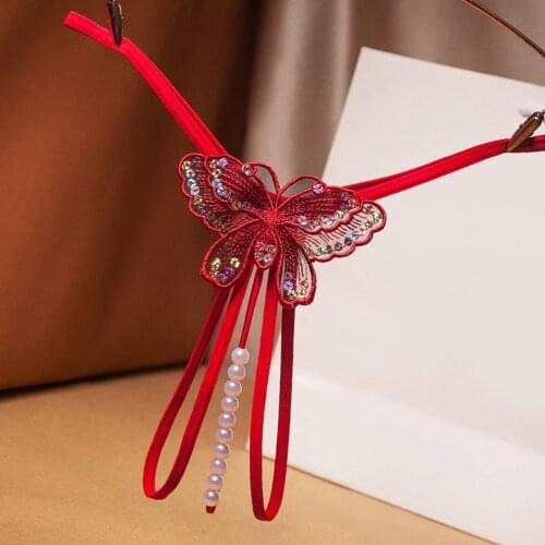 Butterfly Embroidery Lace Sexy Pearls Panties Erotic Lingerie Sexy Womens Underwear Crotchless G string Thongs Exotic Costumes