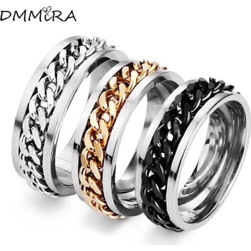 Fashion Punk Men Movable Chain Rings Color Gold Black Titanium Steel Round Rotatable Chain Rings Jewelry For Christmas Gift