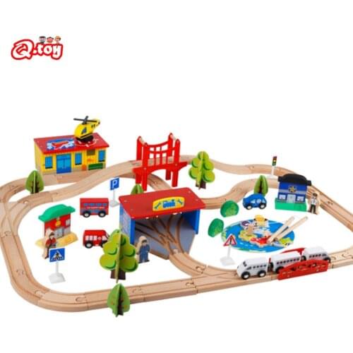 80 pcs Wooden Track Set With Fishing Game Childrens Track Railway Toy Train Set Educational Toy