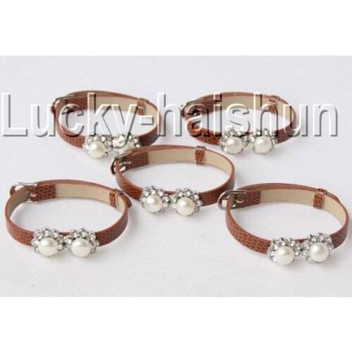 New hot 5piece adjustable khaki leather round white pearls bracelet