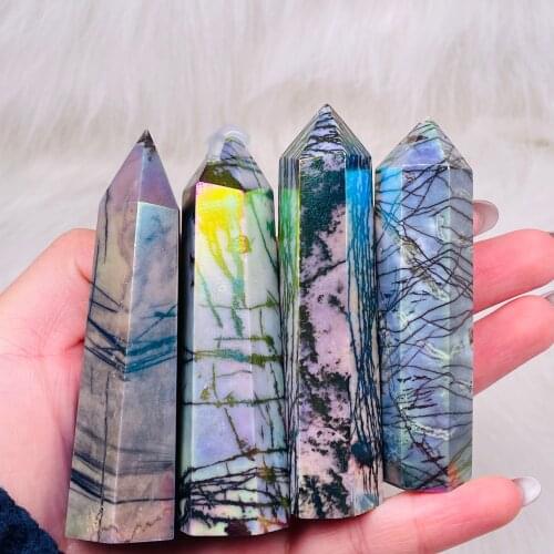 NEW!!!Natural Electroplated Rhodonite Healing Obelisk Wand Ornament Home Decor Reiki Energy Crystal