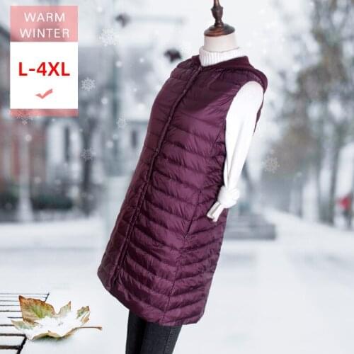 New Women Long White Duck Down Vest With Knitting Hat Female Slim Thin Ultral Light Soft Sleeveless Coat Warm Waistcoat Big Size