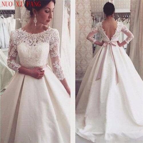 NUOXIFANG Vestido De Noiva 2020 Wedding Dresses Long A-Line 3/4 Sleeves Appliques Lace Sexy Backless Wedding Gown Bridal Dresses