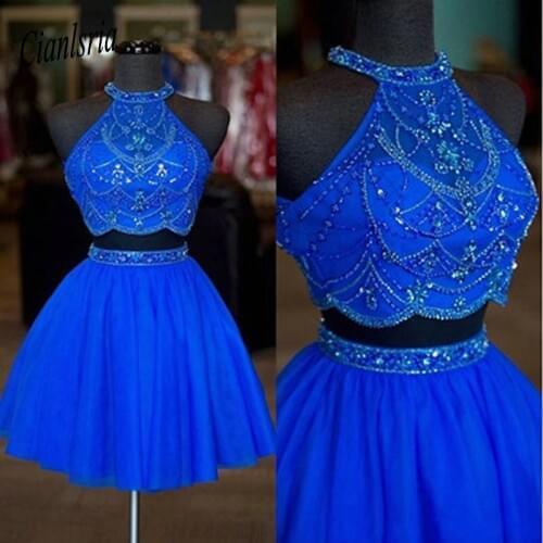 Real Photos Halter Neck Cocktail Dresses Beaded Rhinestone Two Pieces Homecoming Dresses Short Prom Party Gowns