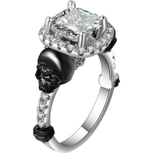 Seanlov New Original Punk Jewelry Silver Color Skull Rings Set Clear Square CZ Skeleton Black Rings For Women Finger Ring