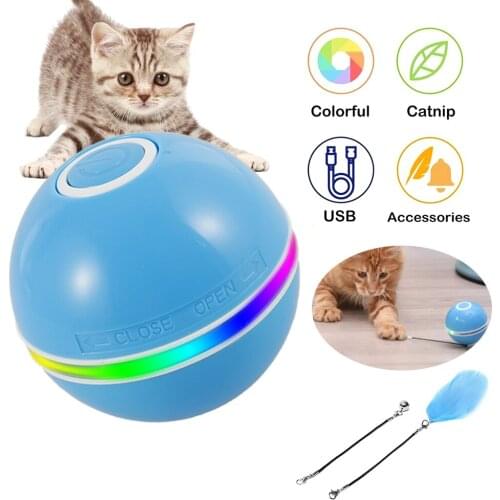 Smart Interactive Cat Toy Colorful LED Self Rotating Ball With Catnip Bell and Feather Toys USB Rechargeable Cat Kitten Ball Toy