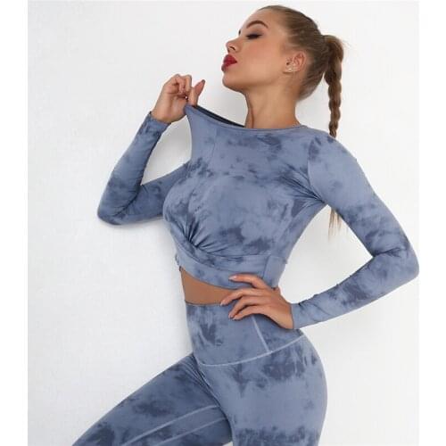 Tie Dye Sports Crop Top Seamless Sportswear Long Sleeve Top Brushed Fitness Clothing Sports Wear Nudity Bodycon