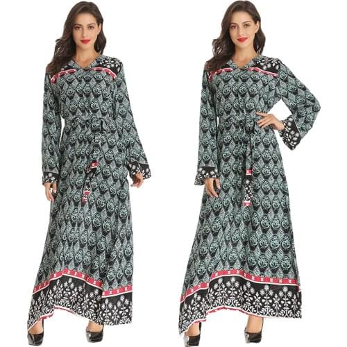 Vintage Muslim Women Long Dress Printed Ethnic Maxi Robe Gown Ramadan Islamic Arab Jilbab Middle East Long Sleeve V-neck Fashion