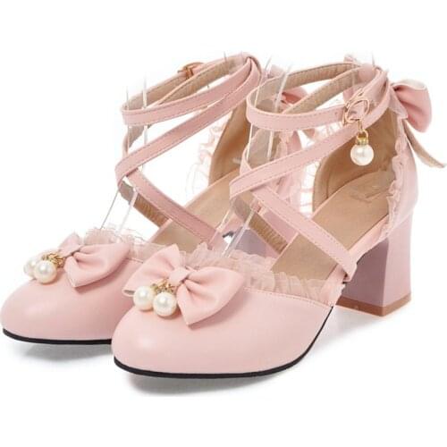 AGODOR High Heels 2020 Women Lolita Shoes Ankle Strap Pumps Spring Bow Pearls Lace Shoes High Heels Party Shoes Big Size 43 44