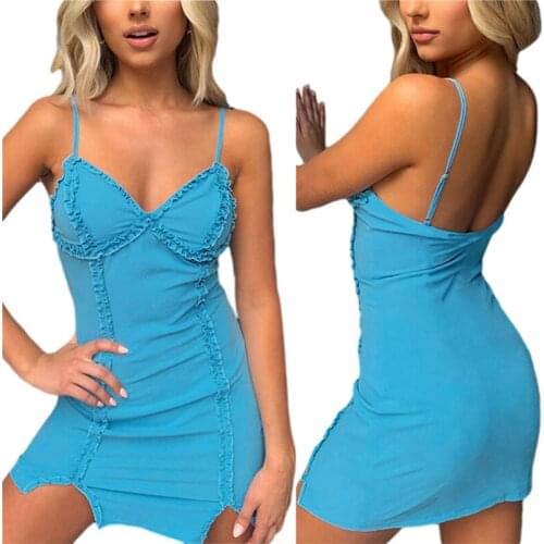 2021 Fashion Trend Women Slim Fit Slip Dress Adults Ruffled Solid Color Spaghetti Strap V-neck Side Slit One-piece Mini Dress