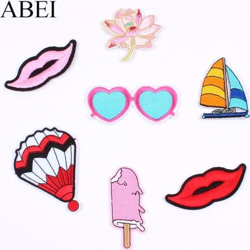 10pcs/lot Embroidered Sunglass Flower Patch Iron On Mouth Boats Ice Cream balloon Stickers for Clothing Jeans Backpack appliques