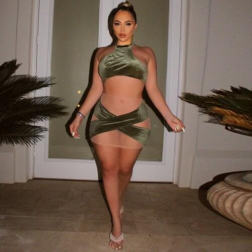 2021 Sexy Mesh Velvet Womens Tracksuit Summer Halter Backless Crop Top and Perspective Sheath Skirt Trendy Club Matching Set