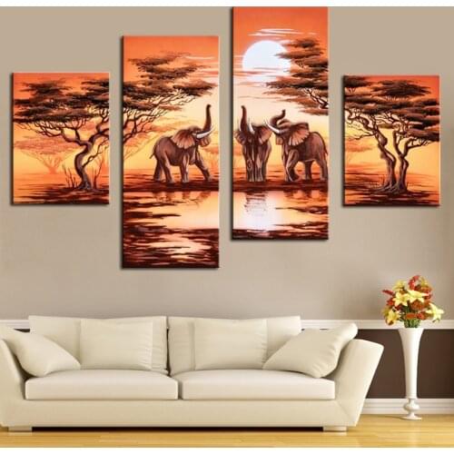 4 Panel Hand Painted Canvas Oil Painting African Safari Modern Landscape Painting Elephant Forest Scenery Wall Pictures No Frame
