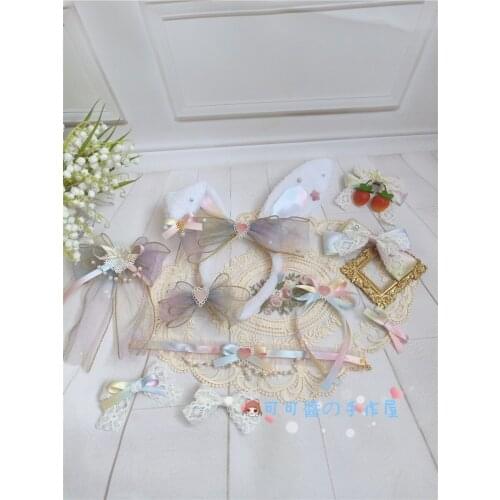 Fairy Princess Lovely Lolita Hair Accessories Rainbow Sweet Lolita Cute bow KC Rabbit Ears Headband Side Clip Cosplay Headwear