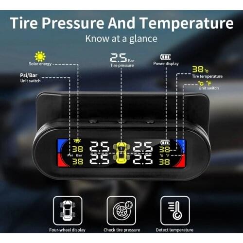 Car TPMS Color Large Screen Wireless Tire Pressure Detector Solar Tire Pressure Alarm Monitoring System