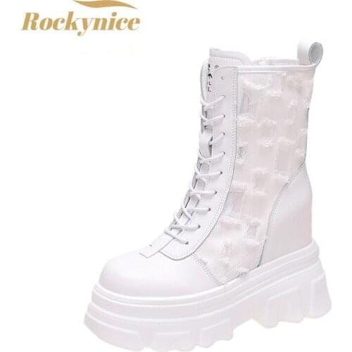 Autumn Canvas Ankle Boots Women Sexy Hollow 11CM High Heels Round Toe Breathable Platform Sneaker Thick Bottom White Wedge Boots
