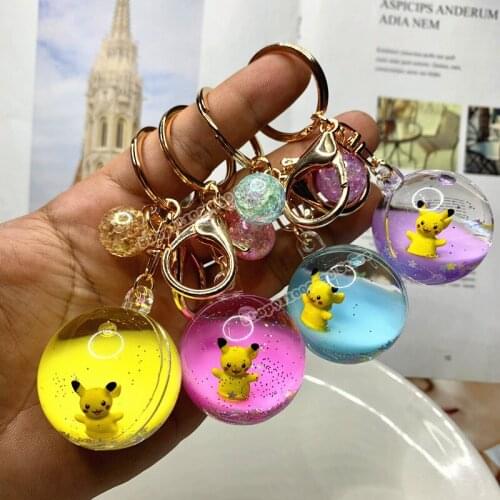 Genuine Pokemon Pikachu Keychain Oil Liquid Quicksand Creative Key Ring Crystal Ball Floating Car Key Chain Handbag Pendant Gift