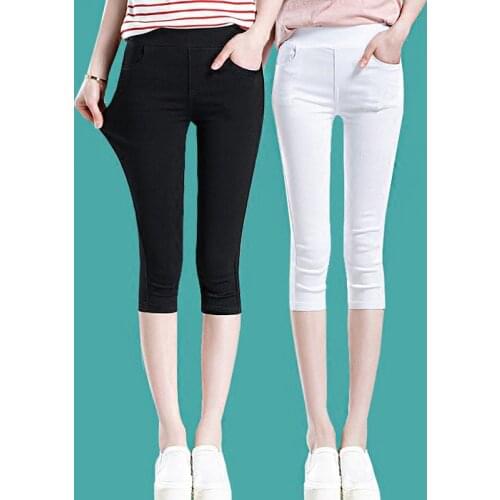 Plus Size Breeches Women Summer Black White Leggings Cotton Skinny Stretch Trousers Casual Knee Length Capris Pants 5XL 6XL