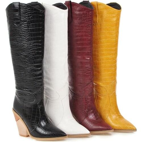 Black Yellow White Knee High Boots Western Cowboy Boots for Women Long Winter Boots Pointed Toe Cowgirl wedges Motorcycle Boots