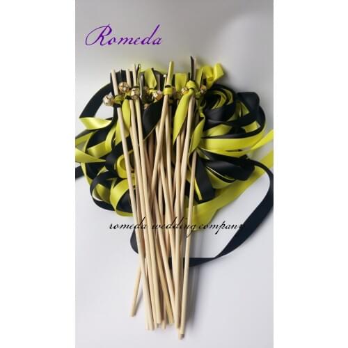Colorfull bell Yellow + Black Stain Ribbon Wedding Wands ;2 stain ribbon with nice bell ribbon stick