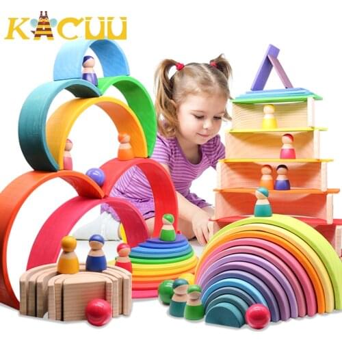 Montessori Wooden Building Blocks Childhood Learning Toy Early Children Baby Rainbow Wooden Blocks Educational Building Toy Gift