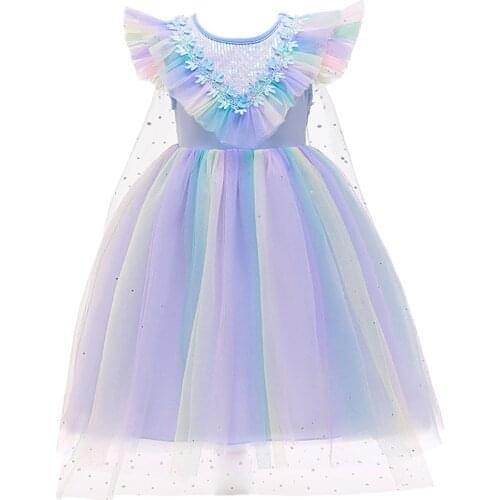 Girls Snow Queen 2 Elsa Dress Children Color Flying Sleeve Puffy Tulle Dress Kid Carnival Party Cosplay Sequin Princess Costume