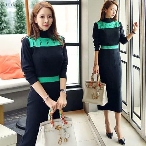 Elegant Spring Vestidos Korean Style Sexy Slim Knitted dress turtleneck knit dress Casual Female Office Dresses