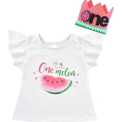 One In A Melon Watermelon Summer Fruit Themed Boy Girl first 1st 1 year old Birthday party Decoration crown T Shirt Photo props