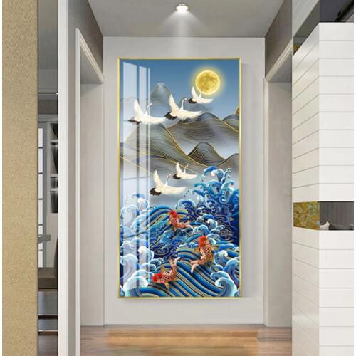 Chinese Style Blue Fabric Crane Tree Elk Deer Koi Fish Sailboat Modern Abstract Wall Art Decorative Picture Canvas for Room Home