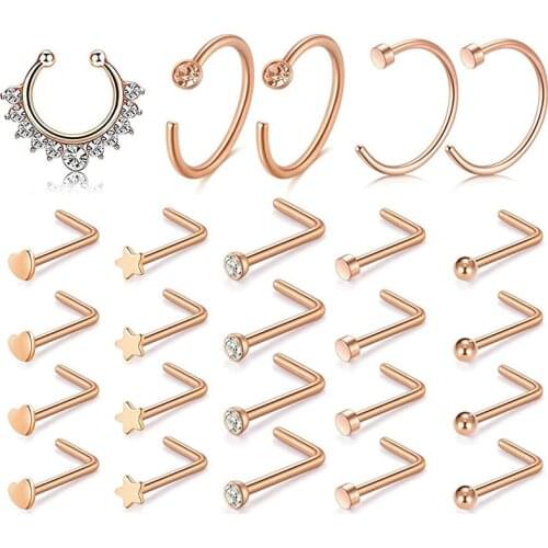 Nose Rings, 25PCS 20G 316L Surgical Stainless Steel Body Jewelry Piercing Nose Ring Studs
