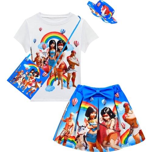Ainbo Cosplay Costume Summer Kids Clothes Girls Cartoon T-shirt Skirts Bag Hat 4pcs Sets Children Birthday Gifts Party Outfits