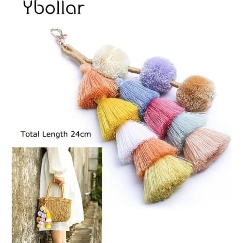 Colorful Pompons Long Layered Cotton Tassels Key Chain Bag Car Charms Pendant Key Rings Jewelry Women Gift Dropshipping