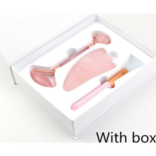 Rose Quartz Roller Facial Massager Powder Crystal Roller Jade Roller Scraper Mask Brush Three-piece Beauty Face-lifting Tool