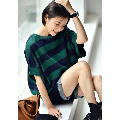 MICOCO T9336C Literature and art Casual contracted blue and green stripe loose bat sleeve round collar thick T-shirt