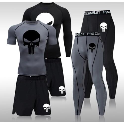 4XL MMA Men Compression Sets Tracksuit Skull Mens Sport Jogging Suit Running Set Rashgard Gym Clothing Men Fitness Workout Tight