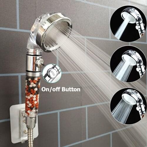 Bathroom 3 Modes High Pressure Adjustment Ionic Mineral Anion On/Off Switch Button Water Saving Handheld Shower Head