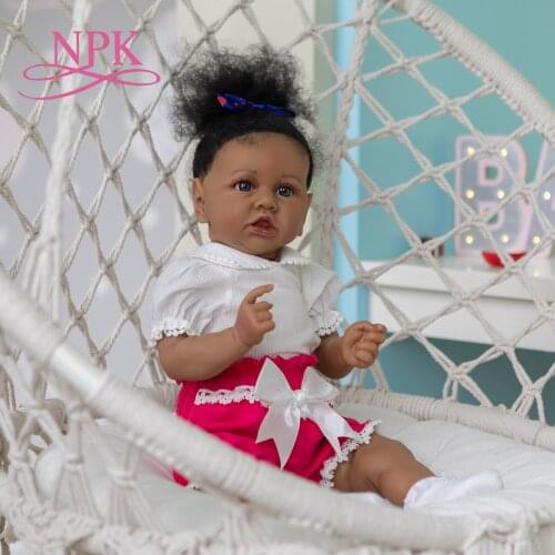 NPK 56CM Soft Body Cuddly Baby Gril Reborn Toddler Saskia in Dark Brown Skin African American Doll Handmade High Quality Doll