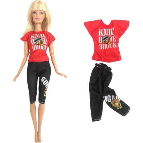 NK 1 Pcs Doll Clothes Red Shirt Casual Wear Summer Clothes Fashion Pattern Shirt Pants For Barbie Doll Girl Accessories