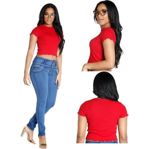 Solid Color Fashion Short Sleeve Short Open Navel T-shirt with Ear Edge, Womens Jeans and Skirt All Can Worn on The Street