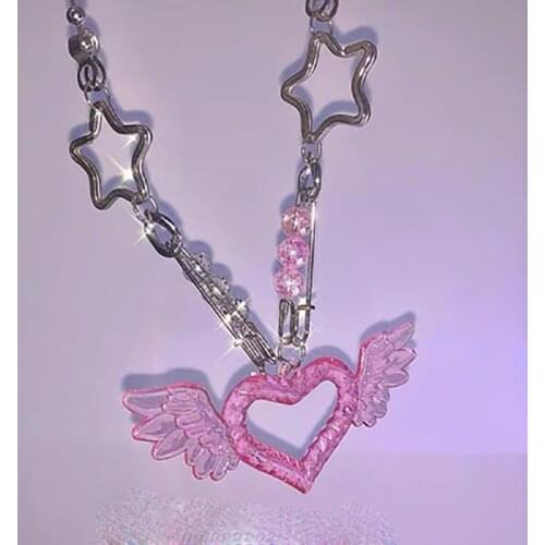 Punk Hiphop Acrylic Pink Heart Shape Pendant Necklaces for Women Fashion Neck Chains Jewelry Nightclub Wings Star Pin Necklace
