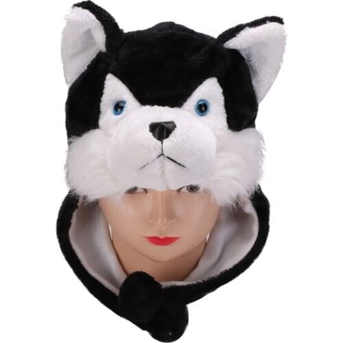 Plush Soft Animal Black Wolf Husky Beanie Hat Winter Womens Mens Children Kids Boys Girls Warm Fluffy Cosplay Costume Earmuff