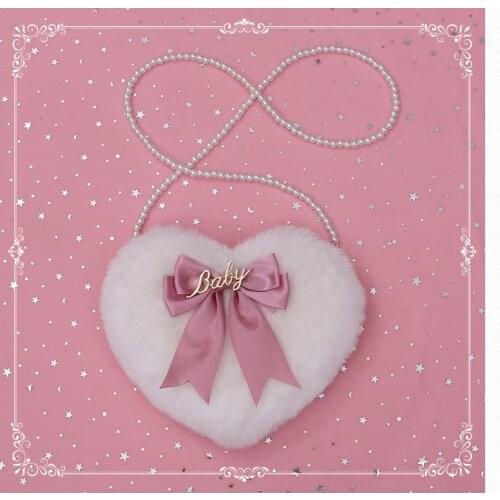 New Female Crossbody Bags Womens Pearl Chain Bag Lovely Lolita Girls Bow Plush Heart Shaped Shoulder Bag for Teen Girl Gift